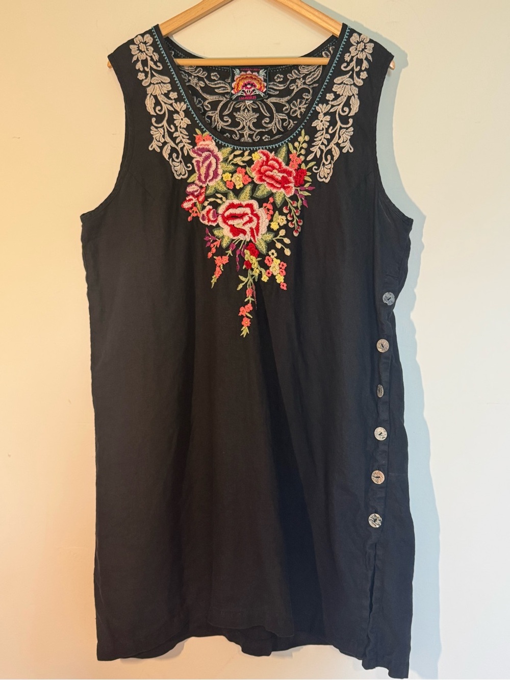 Johnny Was Los Angeles 100% Linen Floral Embroidered Sleeveless Dress XXL Black - Picture 3 of 9